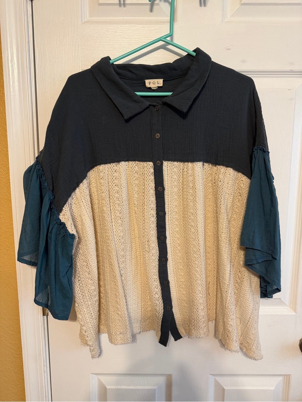 POL Colorblock Button-Front Top in Teal  and Cream